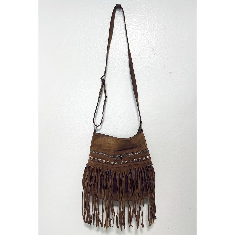 Y2k Boho Fringe Crossbody Bag Brown Studded Western Festival Hippie‎ Purse Vtg